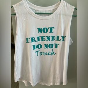 White Sleeveless Top with Teal Print-Not friendly do not touch